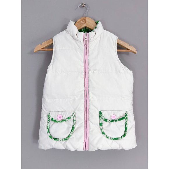 Lilly Pulitzer Green Ivory Floral Reversible Quilted Down Girl's Vest Corduroy - Picture 3 of 5